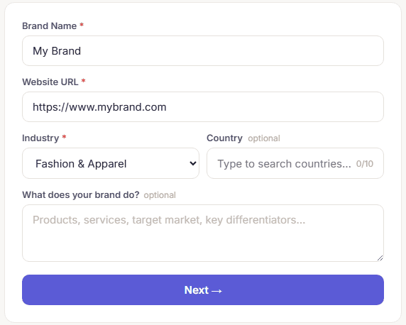 GEOpulse brand setup form with name, URL, industry and region fields