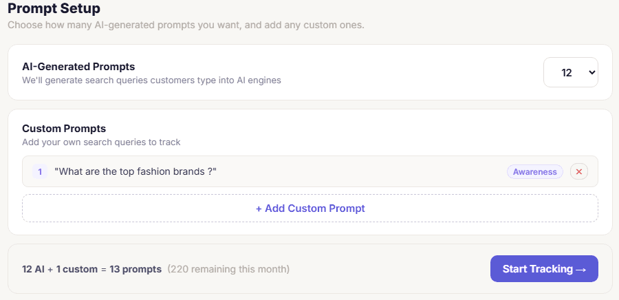 GEOpulse generating 12 AI search prompts tailored to your brand